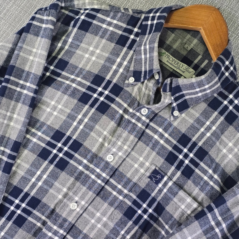 Properly Tied Mens Large Plaid Flannel Shirt Navy Blue Button Down Mallard Logo